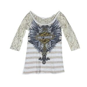 Harley-Davidson Womens XS/S Lace Back Rhinestone 3/4 Sleeve Top White Gray Wings